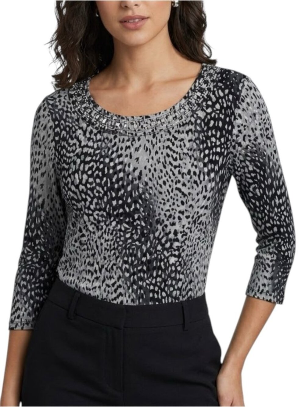 Rafaella Top 100% Cotton Animal Print Embellished 3/4 Sleeve Black Gray Plus 2X